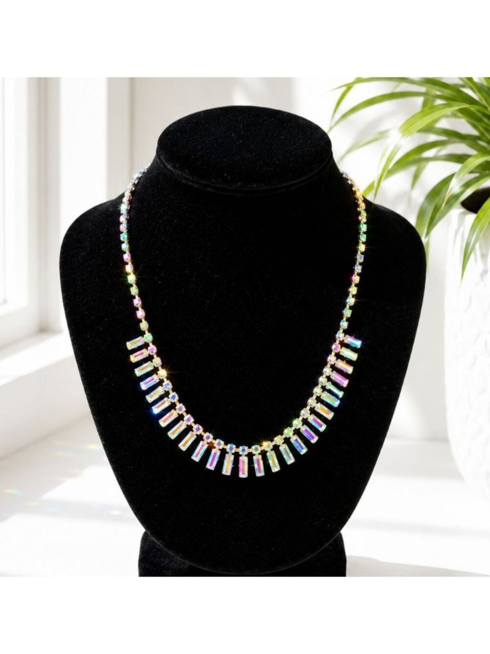 Gold-Tone Baguette Crystal Necklace Adjustable Length Elegant Statement Jewelry